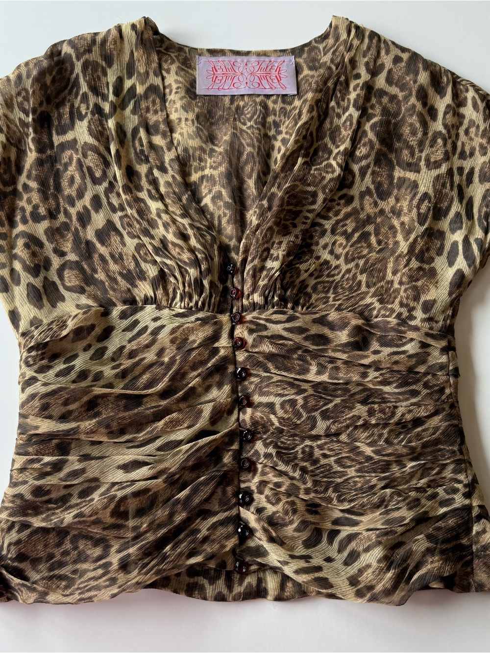 Tuleh Leopard Print V-Neck Ruched Button Front Top - Brown, Tan